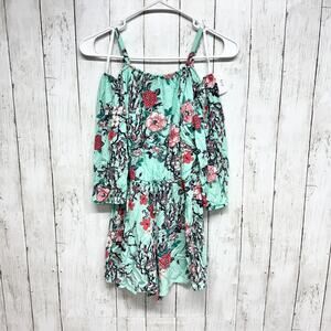 Ally B. Romper Women Size XL Off the Shoulder Long Sleeve Tie Waist Teal Floral